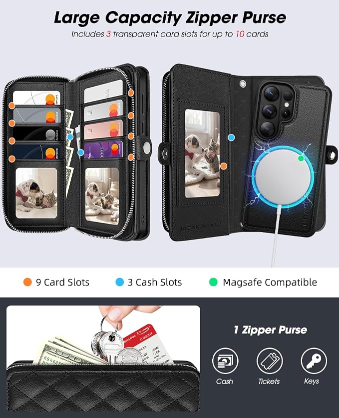 OCASE for Samsung Galaxy S26 Ultra Crossbody Detachable Wallet Case, PU Leather Handbag Phone Purse with Zipper Closure, Card Slots & RFID Blocking, Wrist Strap, Lanyard, Kickstand, Black