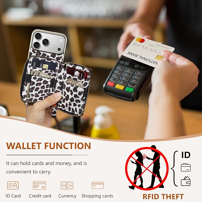 Keallce Wallet Case for iPhone 17 Pro Max 6.9", Crossbody Zipper Purse with Wristlet Strap, 4 Card Slots with RFID Blocking and Kickstand, Electroplated Leather Case for Women (White Leopard Print)