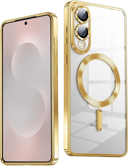 Slim Thin for Samsung Galaxy S25 Edge Case, Compatible with MagSafe, Built-in Camera Lens Protector, Shockproof Protective Phone Case, Soft Electroplated Clear Cover, Gold