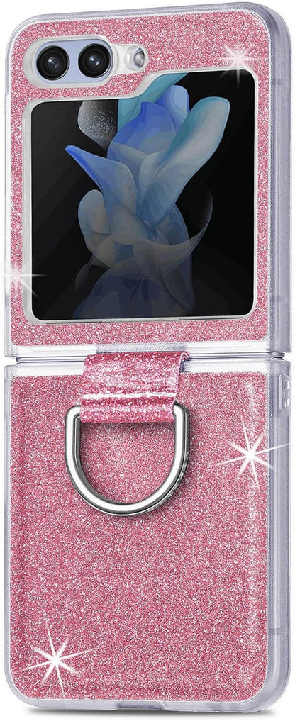 Bling Glitter Case for Samsung Galaxy Z Flip 6 with Ring Holder,Women Girls Cute Phone Case Non Slip Ultra Slim TPU Bumper Shockproof Protective Case for Galaxy Z Flip 6 5G 2024,Pink