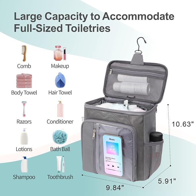 F-color Shower Caddy Portable for College Dorm Essentials - Large Hanging Sturdy Handle Toiletry Tote Bag with Hook, Multiple Pockets, Quick Dry Organizer for Camping, Travel, Gym, Grey