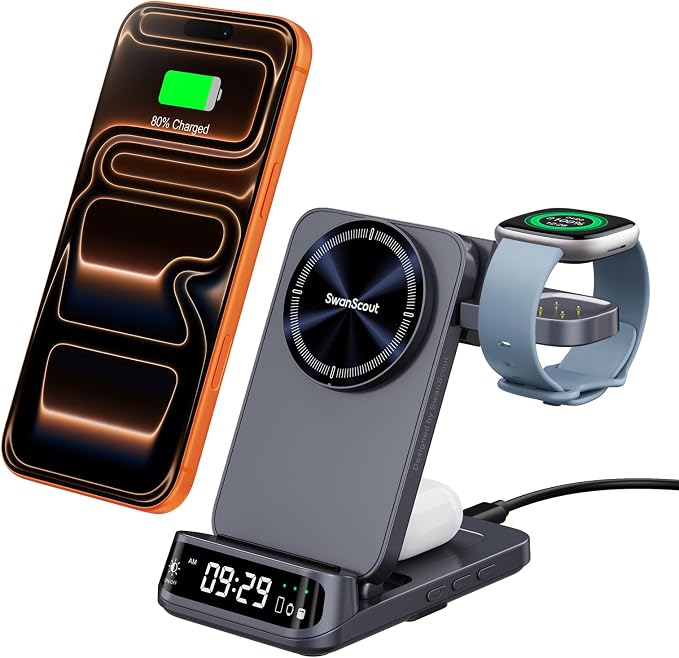 Magnetic Wireless Charger for Fitbit Versa 4/3/Sense 2/1/Ace LTE, 3 in 1 Charging Station for Samsung S26/S26+/S26 Ultra/S25/S24/S23, for iPhone Air/17/16/15/14, for Google 9 Pro/9a/8/7, No Adapter