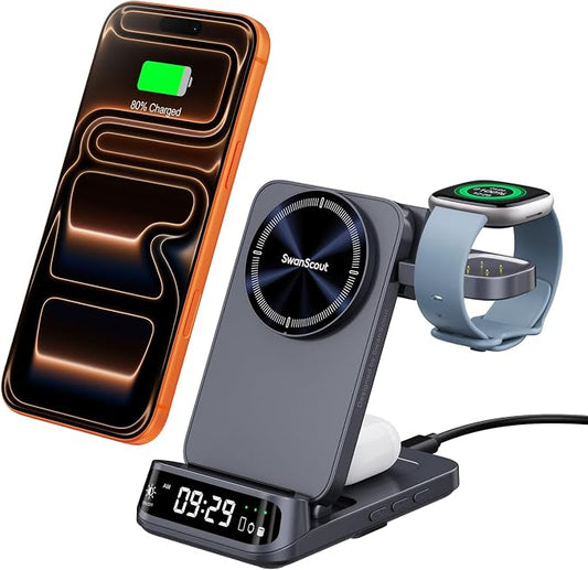 Magnetic Wireless Charger for Fitbit Versa 4/3/Sense 2/1/Ace LTE, 3 in 1 Charging Station for Samsung S26/S26+/S26 Ultra/S25/S24/S23, for iPhone Air/17/16/15/14, for Google 9 Pro/9a/8/7, No Adapter