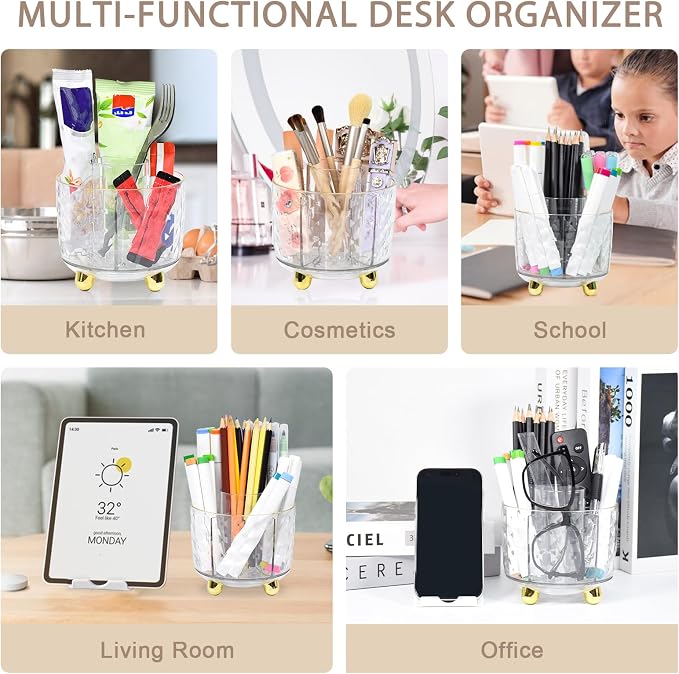 SAYEEC Pen Holder for Desk 6 Slots Rotating Makeup Brush Organizer Toothbrush Holder Versatile Desk Skin Care Cosmetic Organizer Pencil Cup Pot Art Supply Caddy for Office Vanity Bathroom (Clear Gold)