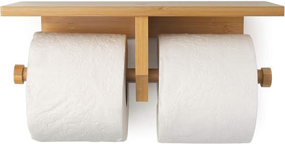 Modern Hanging Wall Mount Natural Bamboo Double Dual Toilet Paper Holder with Convenience Shelf Tray for Toilet Paper, Phone, Plants, Decor, and Other Accessories