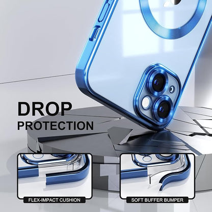 Misea Magnetic for iPhone 14 Plus Case Compatible with MagSafe [Never Yellowing] [Military Grade Drop Protection] Full Camera Lens Protector Plating Soft Clear Phone Case for Women Girls, Blue