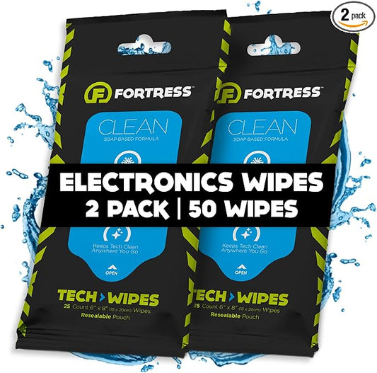 Fortress Electronic Wipes (25 ct, Pack of 2) To-Go Tech Wipes for Screens, Phones, Keyboards, TV Monitors, Computer Screens, and More [Travel Size] Skin-Safe