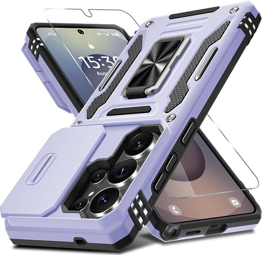DEERLAMN Case for Samsung Galaxy S26 Ultra 6.9-Inch with Slide Camera Cover+Screen Protector(1 Pack), Rotated Ring Kickstand Military Grade Shockproof Protective Cover-Light Purple