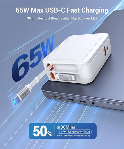 65W Universal Travel Adapter, 4-in-1 International Plug Adapter with Retractable CablesUSB PD Fast Charging with Detachable EU Adapter,Worldwide Wall Charger for USA/EU/UK/AUS and Over 150 Countries