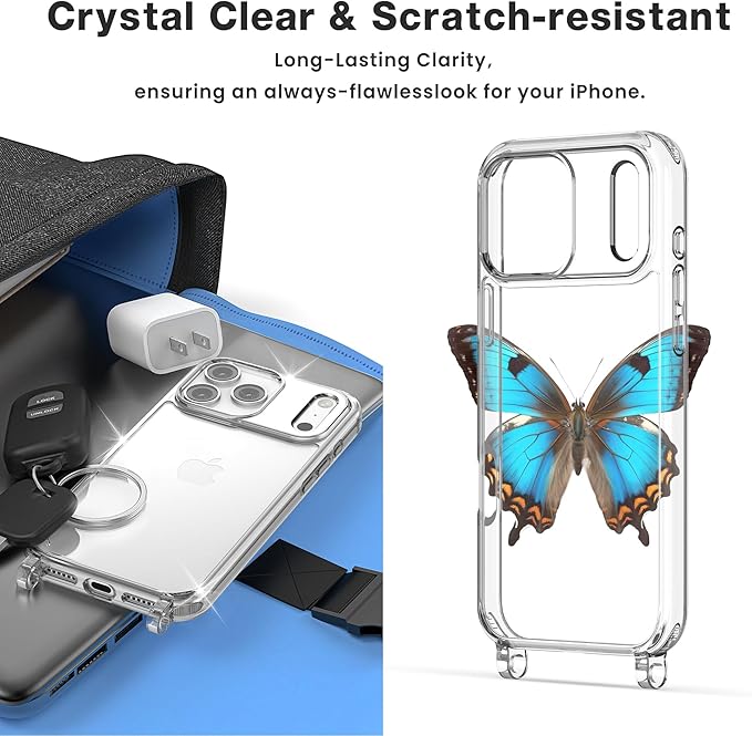 for iPhone 17 Pro Case with Strap, Clear Shockproof Crossbody Phone Cover w/Removable Anti-Theft Adjustable Lanyard for Women, Travel, Shopping, Hiking (6.3", Black)