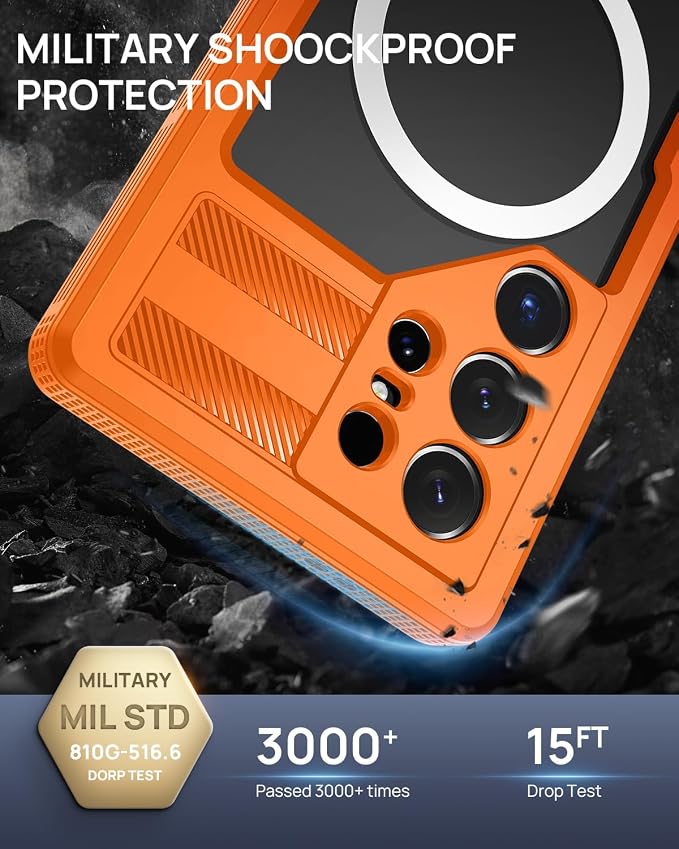 Lanhiem Magnetic for Samsung Galaxy S26 Ultra Case, IP68 Waterproof Dustproof Case, [Compatible with Magsafe] [Built-in Lens & Screen Protector] Full Body Shockproof Rugged Phone Case 6.9 inch, Orange