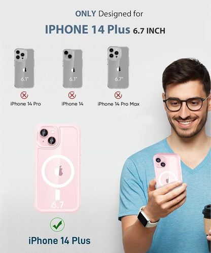 Compatible with iPhone 14 Plus Case, Built-in Screen Protector, with Camera Lens Protector, [Compatible with MagSafe] Full Body Phone Case, Magnetic Protective Cover for 14Plus 6.7" (Pink)