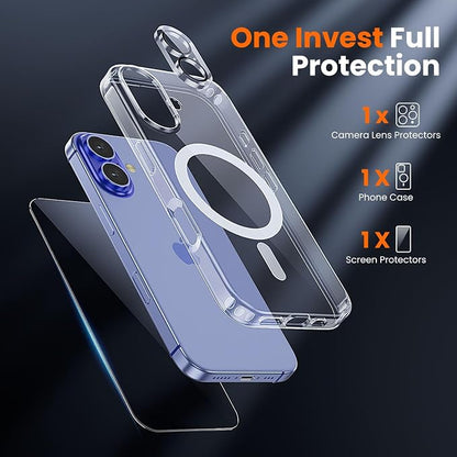 3 in 1 for iPhone 16 Plus Case Clear | with MagSafe,Screen Protector *1 & Camera Lens Protector*1, Military-Grade Protection