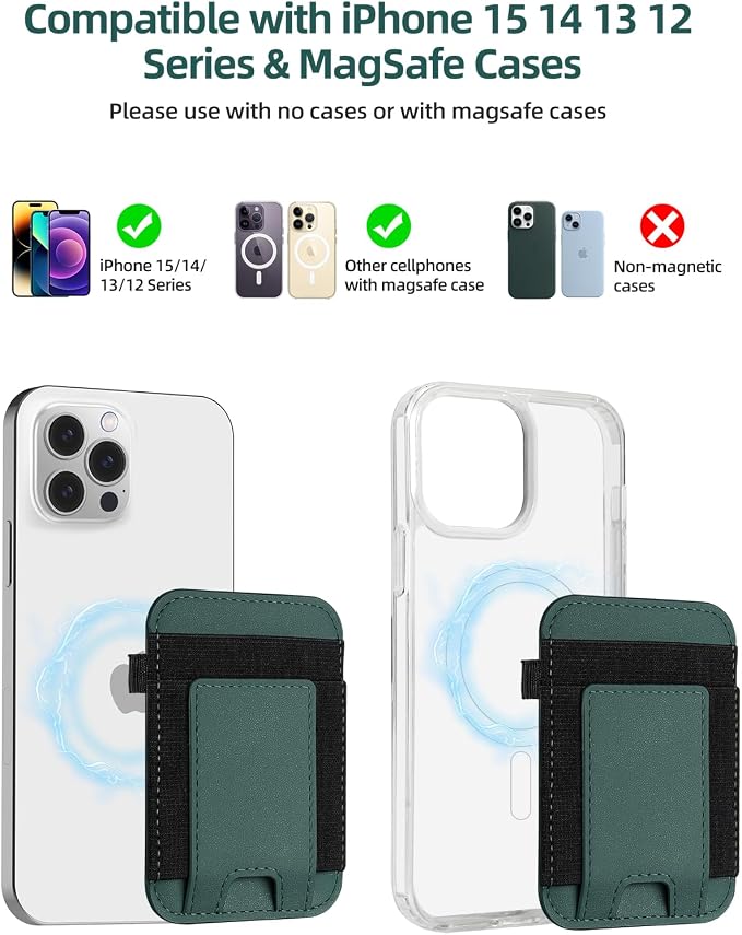 For Magsafe Wallet, Strongest Magnetic Wallet for iPhone 17/16/15/14/13/12 Series, for Magsafe Card Holder with 2 Card Slots, Magnetic Card Holder, RFID Blocking, Vegan Leather, Hold 7 Cards, Green
