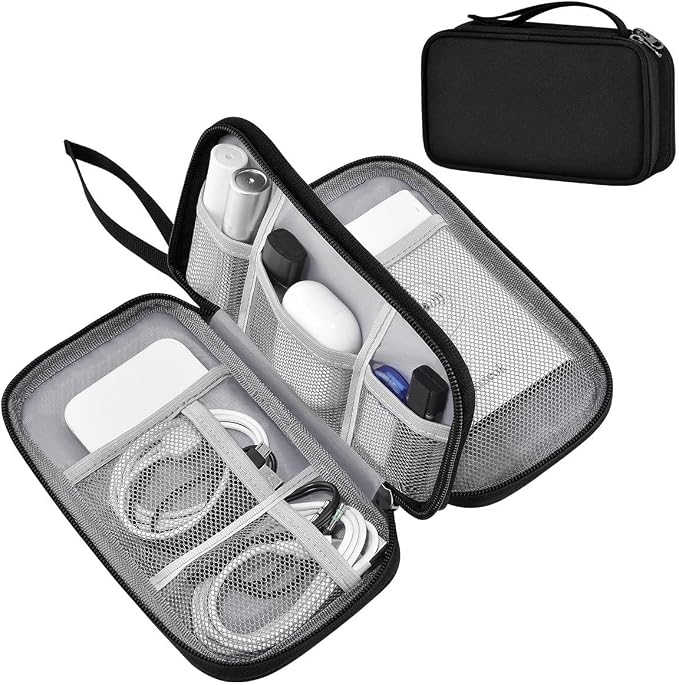 ZINMARK Portable Cable Organizer Case,Travel Pouch with Double-Layer Storage for Cables,Chargers,Earbuds & Phone,Black– Small Size