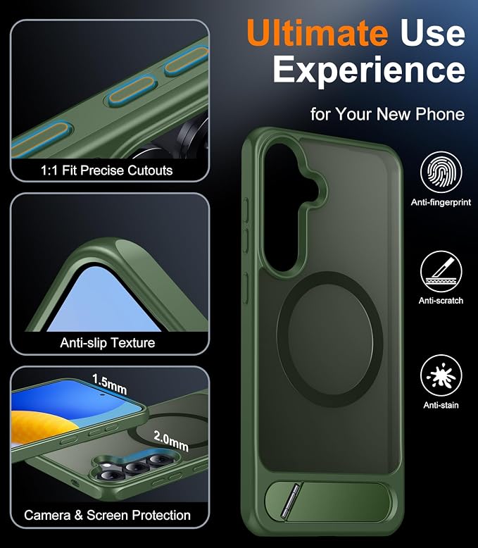 Magnetic for Samsung Galaxy S25 Case, [Innovate Stand][Military Grade Drop Protection][Non Slip][Translucent Matte] Shockproof Phone Case for Galaxy S25 6.2" 2025 -DarkGreen