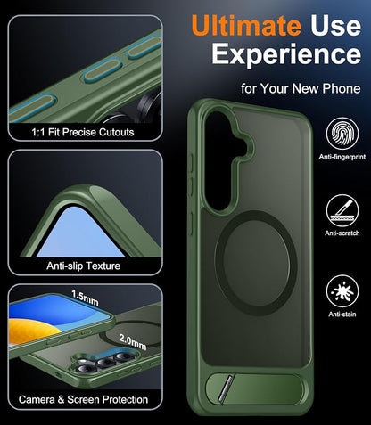 Magnetic for Samsung Galaxy S25 Case, [Innovate Stand][Military Grade Drop Protection][Non Slip][Translucent Matte] Shockproof Phone Case for Galaxy S25 6.2" 2025 -DarkGreen