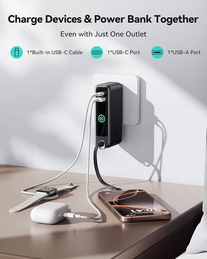 INIU 3-in-1 Portable Charger, Small 10000mah 30W Fast Charging Power Bank with Built-in USB C Cable and Foldable AC Plug, Flight Cruise Ship Travel Phone Charger for College Students Boys Girls, White