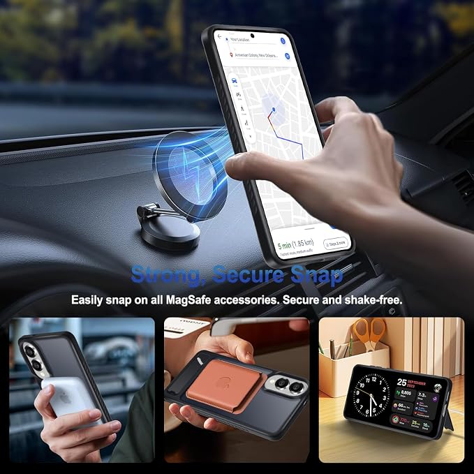 RMOCR for Samsung Galaxy S25 Edge Case with Screen Protector+Lanyard Wrist Strap,Magnetic Translucent Matte Rugged Slim Phone Cover Built in Invisible Kickstand [Fit for MagSafe],2025 Black