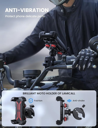 Lamicall Motorcycle Phone Mount Holder - [Dual Vibration Dampener] [Upgrade Handlebar Clip] Motorcycle Cell Phone Holder, Bike Phone Mount, for iPhone 16/15/14/13 Pro Max, 4.7-6.7" Phones. Red