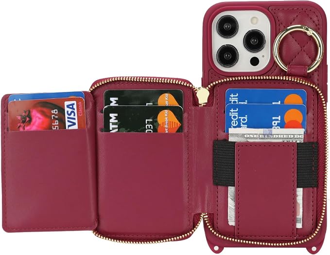 Crossbody Wallet Case for iPhone 14 Pro Max, PU Leather Zipper Handbag Purse Flip Cover, Kickstand Folio Case with Card Slots Holder Wrist Strap Lanyard 5G 6.7 Inch-Dark red