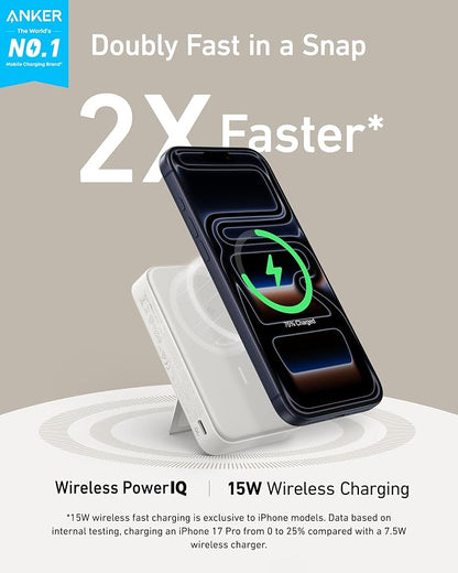 Anker MagGo Power Bank, Qi2 Certified 15W Ultra-Fast MagSafe-Compatible Portable Charger, 10,000mAh Battery Pack with Smart Display & Foldable Stand, For iPhone 16/15/14/13 Only (USB-C Cable Included)
