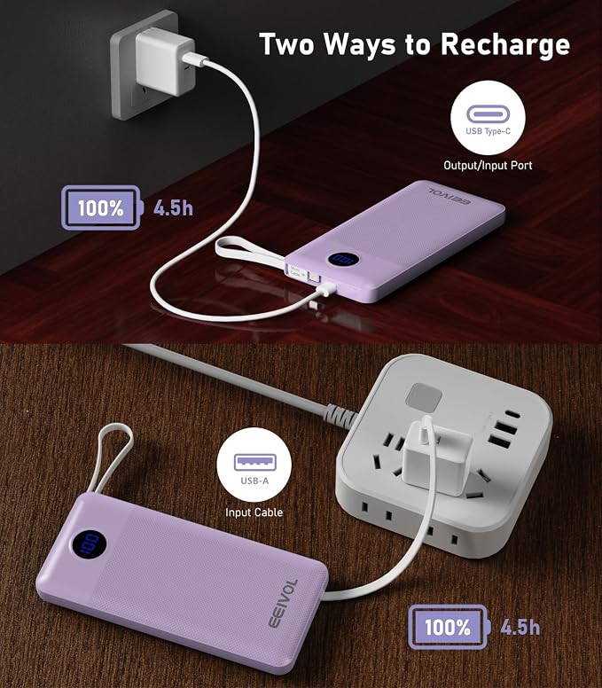 Portable Charger with Built in Cables, Slim 10000mAh Power Bank, USB C Battery Pack Travel, 4 Output 2 Input External Charging Bank for iPhone 17/16/15/14/13,Samsung, Android, etc-Purple(1 Pack)