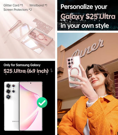 Meifigno Case Designed for Samsung Galaxy S25 Ultra 6.9 inch, [Compatible with MagSafe] [2X HD Screen Protectors] [Glitter Card & Wrist Strap] Full Lens Protection Case for Galaxy S25 Ultra, Rose Gold | 6.9 inch