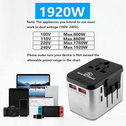 International Power Adapter with 4 Ports (2 USB-C & 2 USB-A) Fast Charging 35W Universal Travel Plug Adapter for USA, Europe, UK, Australia, China & 150+ Countries
