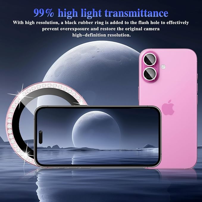 ShinKin Camera Lens Protector for iPhone 16/iPhone 16 Plus, Bling Glitter Camera Cover, 9H Tempered Glass Individual Metal Ring Camera Protector for iPhone 16/iPhone 16 Plus (Diamond - Pink)