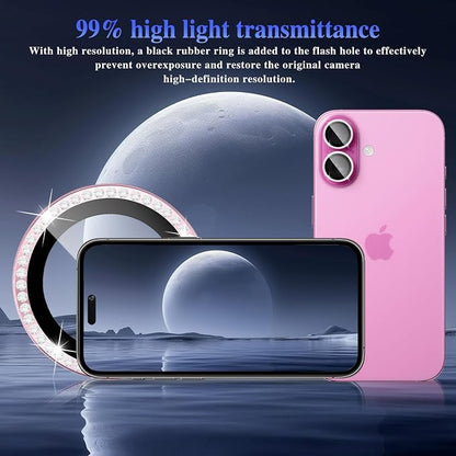 ShinKin Camera Lens Protector for iPhone 16/iPhone 16 Plus, Bling Glitter Camera Cover, 9H Tempered Glass Individual Metal Ring Camera Protector for iPhone 16/iPhone 16 Plus (Diamond - Pink)