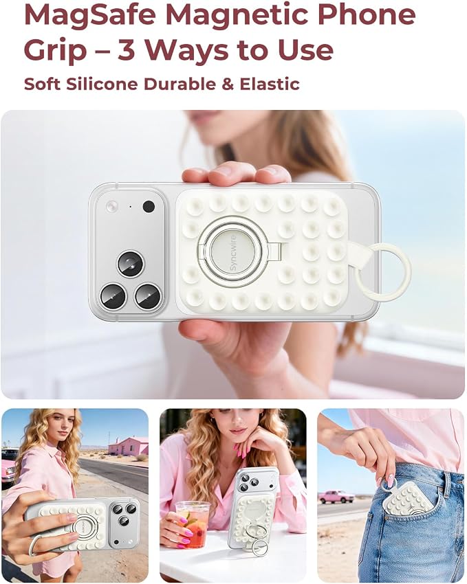 Syncwire Magnetic Suction Phone Mount for MagSafe, Silicone Octo Cup Buddy Sticky Grip Ring Holder, Hands-Free/Selfie/Video for TikTok & Instagram Influencer/Creator, iPhone Compatible,Pearl White