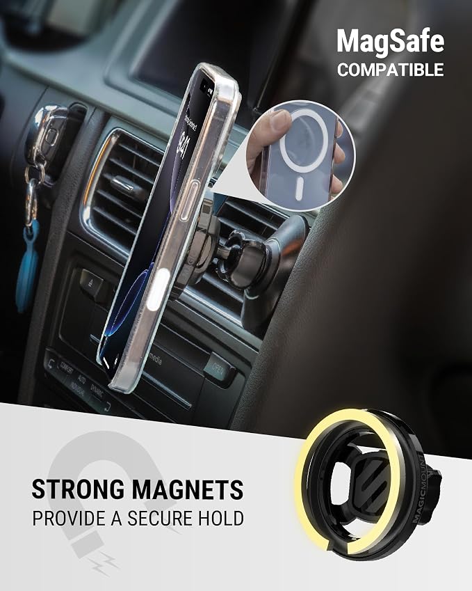 Scosche 5-in-1 MagSafe Car Mount Compatible with Popsocket, Magnetic Vent, Back-of-Display and Dashboard Cell Phone Holder, Tesla Phone Mount Compatible with iPhone 17/16/15/14/13/12, Samsung S25