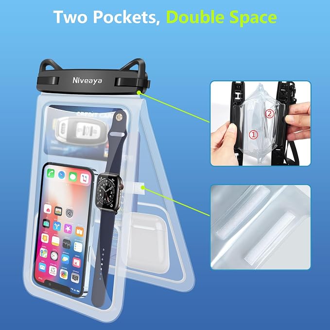Niveaya Double Space Waterproof Phone Pouch - 2 Pack, Waterproof Phone Lanyard Case with iPhone 17/16/15/14/13 Pro Max up to 8.3", Phone Dry Bags for Vacation Beach Pool Kayak Cruise Travel Essentials