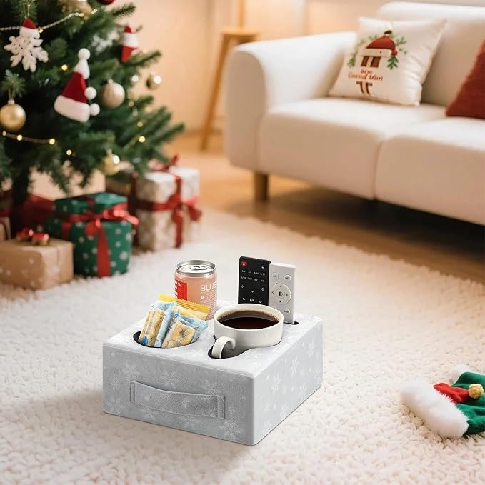 Luxspire Couch Cup Holder Tray, Couch Cup Holder Pillow with 4 Holes, Side Pocket and Handle, Couch Caddy Pillow for Phone/Drinks/Remote Control/Snacks, Christmas Style