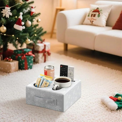 Luxspire Couch Cup Holder Tray, Couch Cup Holder Pillow with 4 Holes, Side Pocket and Handle, Couch Caddy Pillow for Phone/Drinks/Remote Control/Snacks, Christmas Style
