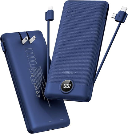 VEGER Portable Charger with Built-in AC Plug and Cables, All in One 10000mAh Ultra Slim Power Bank Travel Essentials, USB C External Battery Pack Compatible with iPhone, Samsung, More, Navy