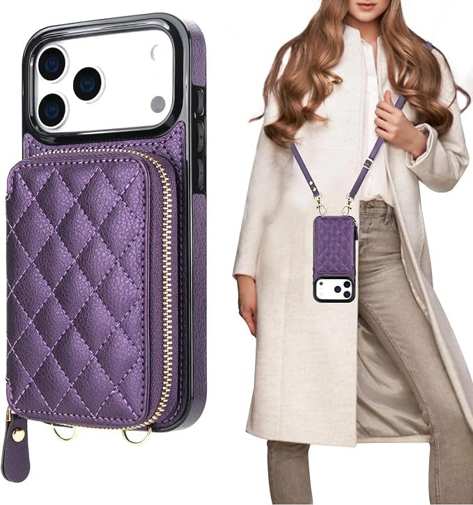 Bocasal Crossbody Wallet Case for iPhone 17 Pro Max, RFID Blocking PU Leather Zipper Handbag Purse Flip Cover, Kickstand Folio Case with Card Slots Holder Wrist Strap Lanyard 5G 6.9 Inch (Dark Purple)