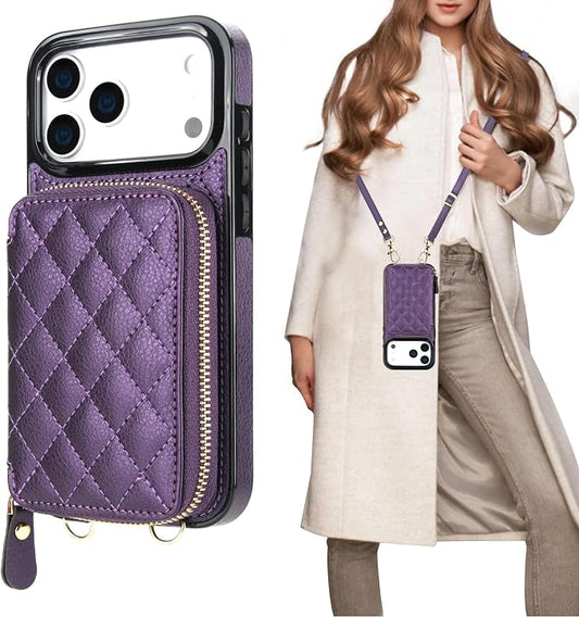 Bocasal Crossbody Wallet Case for iPhone 17 Pro Max, RFID Blocking PU Leather Zipper Handbag Purse Flip Cover, Kickstand Folio Case with Card Slots Holder Wrist Strap Lanyard 5G 6.9 Inch (Dark Purple)