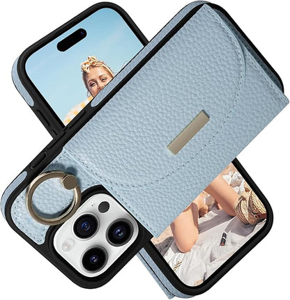 Keallce Wallet Case for iPhone 16 Pro 6.3'', Flip Case with Card Slots, Ring Holder Kickstand, PU Leather Protective Folio Cover for Women, Blue