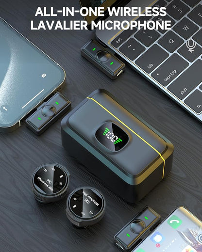 2 Pack Wireless Lavalier Microphone for iPhone 15, Android, USB C, ipad with Adapter Included, Noise Cancellation Mini Lapel Mic for YouTube, Recording, Vlog, Facebook Live Streaming