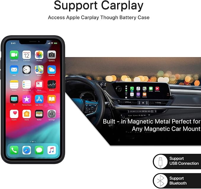 Battery Case for iPhone 11,Upgraded 10000mAh High Capacity Rechargeable Portable Protective Extended Charger Case Wireless Charging Compatible with iPhone 11 (6.1 inch) Charging Cover &Carplay (Black)