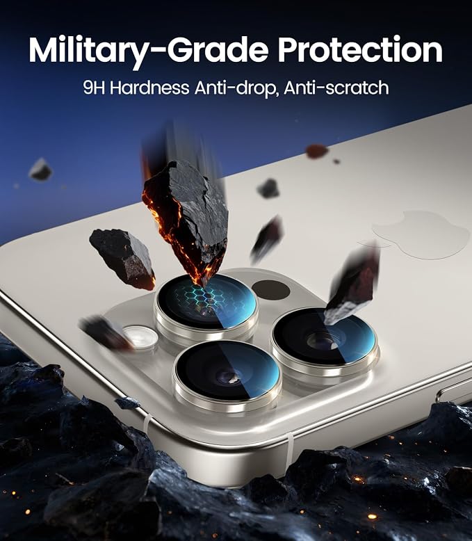 PandaShield 2-Pack Anti-Reflection Camera Lens Protector for iPhone 17/16/15 Pro & Pro Max, Easy Installation,Anti-Scratch,9H Hardness,98% Ultra Clarity,Maintains Original Lens Design-Natural Titanium
