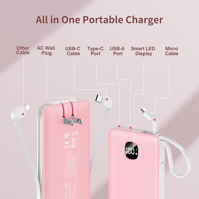 penaover Portable Charger with Built-in Cables&AC Wall Plug,Slim 10000mAh 22.5W Fast Charging Power Bank,5 Output 2 Input USB-C External Battery Pack Compatible with iPhones,Samsung,Android, etc