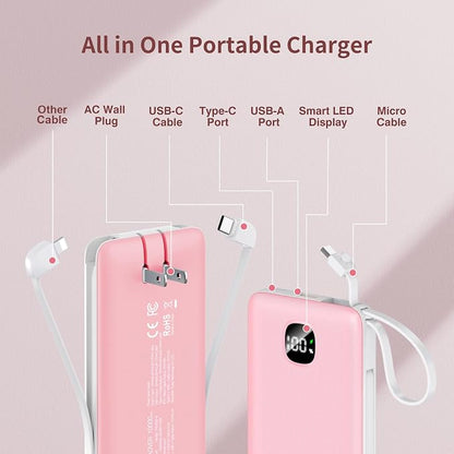 penaover Portable Charger with Built-in Cables&AC Wall Plug,Slim 10000mAh 22.5W Fast Charging Power Bank,5 Output 2 Input USB-C External Battery Pack Compatible with iPhones,Samsung,Android, etc
