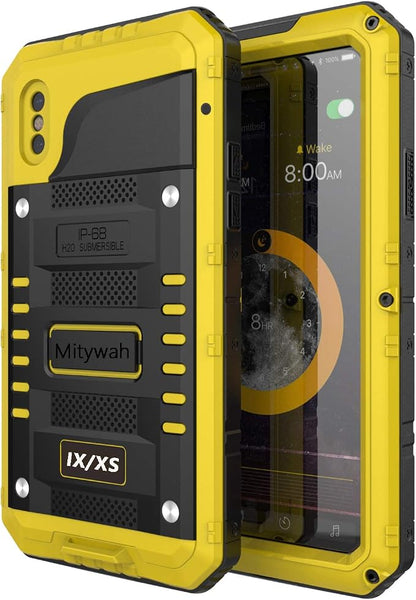 Mitywah Waterproof Compatible with iPhone X/XS Heavy Duty Military Grade Shockproof Cover Built-in Screen Protection, Metal Case Full Body Dustproof Strong Rugged Thick for iPhone X/XS, Yellow