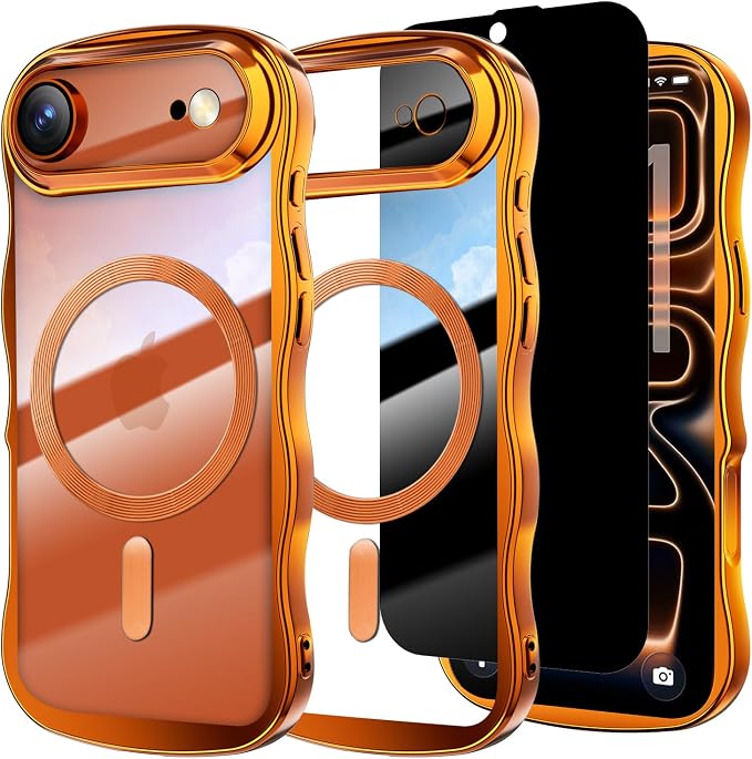 Misscase for iPhone Air Case with Privacy Screen Protector,Compatible with MagSafe,Cute Wave Frame Anti-Scratch Case with Camera Lens Protector Plating Bling Case for iPhone 17 Air Orange