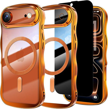 Misscase for iPhone Air Case with Privacy Screen Protector,Compatible with MagSafe,Cute Wave Frame Anti-Scratch Case with Camera Lens Protector Plating Bling Case for iPhone 17 Air Orange
