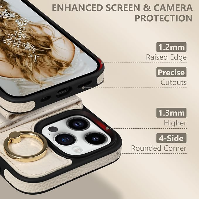 Keallce Wallet Case for iPhone 16 Pro 6.3'', Flip Case with Card Slots, Ring Holder Kickstand, PU Leather Protective Folio Cover for Women, Beige
