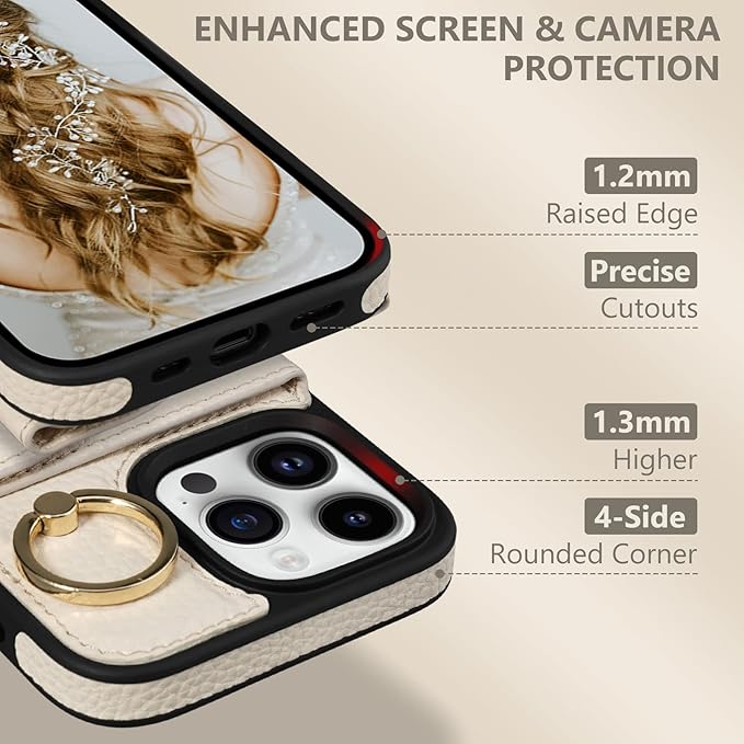 Keallce Wallet Case for iPhone 15 Pro 6.1'', Flip Case with Card Slots, Ring Holder Kickstand, PU Leather Protective Folio Cover for Women, Beige